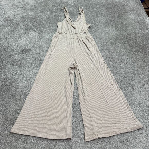 Kennedy Kened IK Ribbed Knit Wide Leg Wrap Jumpsuit Womens Small Beige Tie Strap - Picture 2 of 14